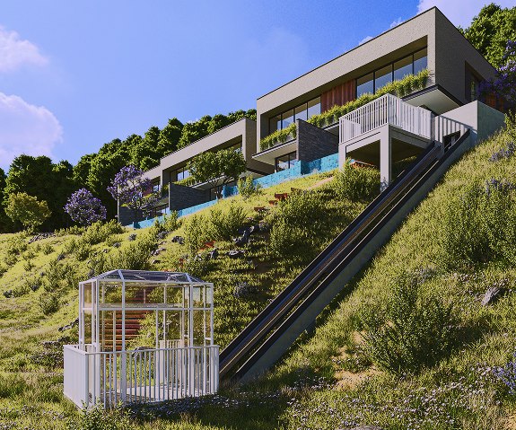 Casas do Green View integradas à encosta, com bondinho exclusivo em meio à vegetação.